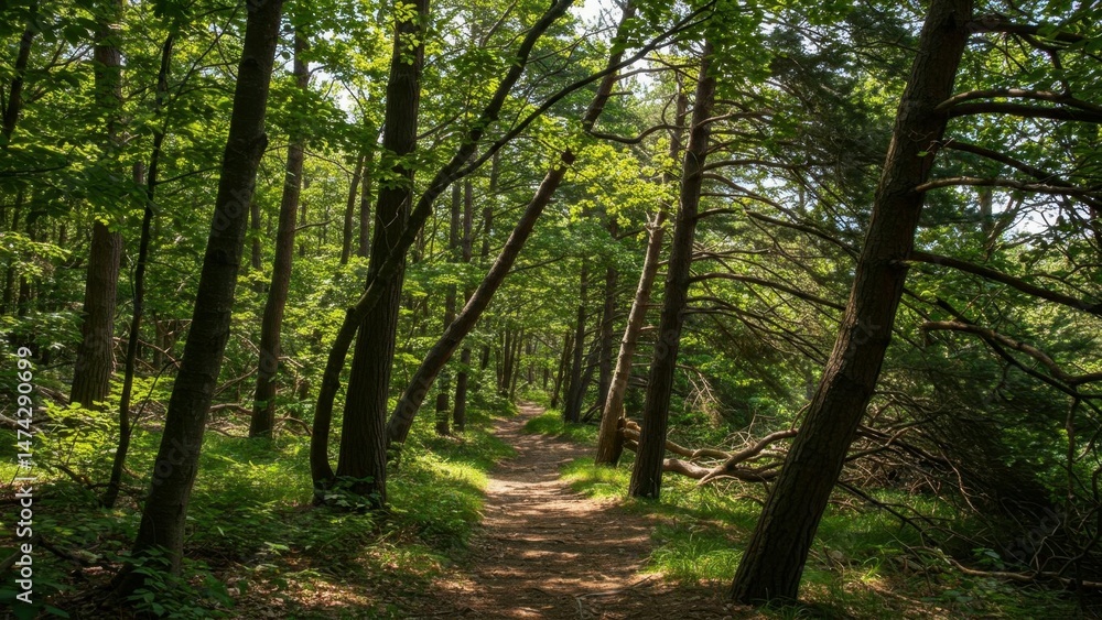 Fototapeta premium Pathway through trees in a forest, vibrant green scenery