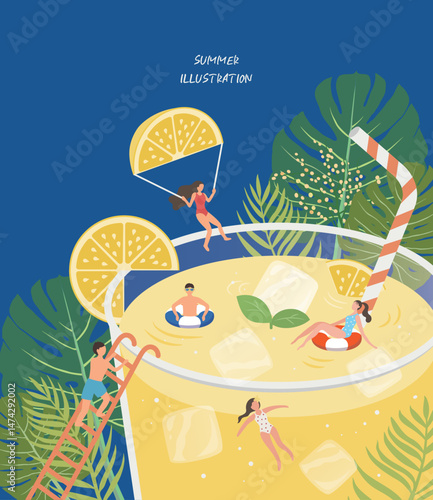 summer illustration with swimmers in lemon juice