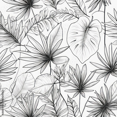 Botanical line art of tropical leaves and flowers in a clean