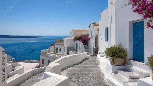 Whitewashed hillside village in Greece with vibrant colors and sea view