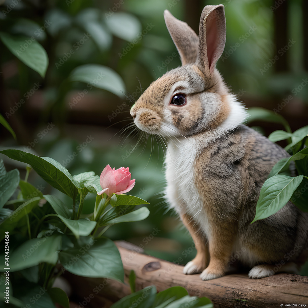 Fototapeta premium 静かな森で佇むウサギ – 可愛らしい野生動物 “Wild Rabbit in a Forest – Peaceful Nature Scene”