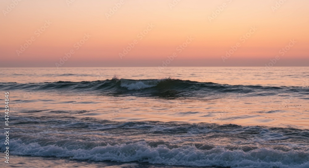 Ocean Waves Crashing at Sunrise with Pastel Sky, Calm Seascape Ocean Waves Crashing at Sunrise with Pastel Sky, Calm Seascape