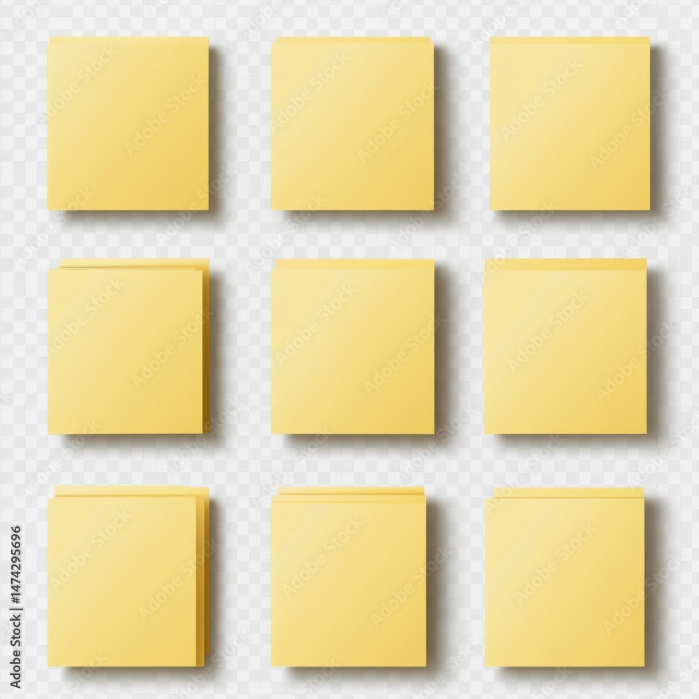 Fototapeta premium Nine Pale Yellow Sticky Notes on White Background