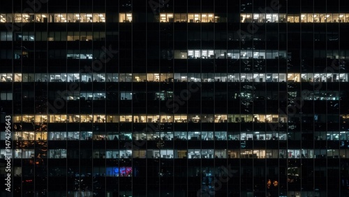 Office windows illuminate late night business operations.