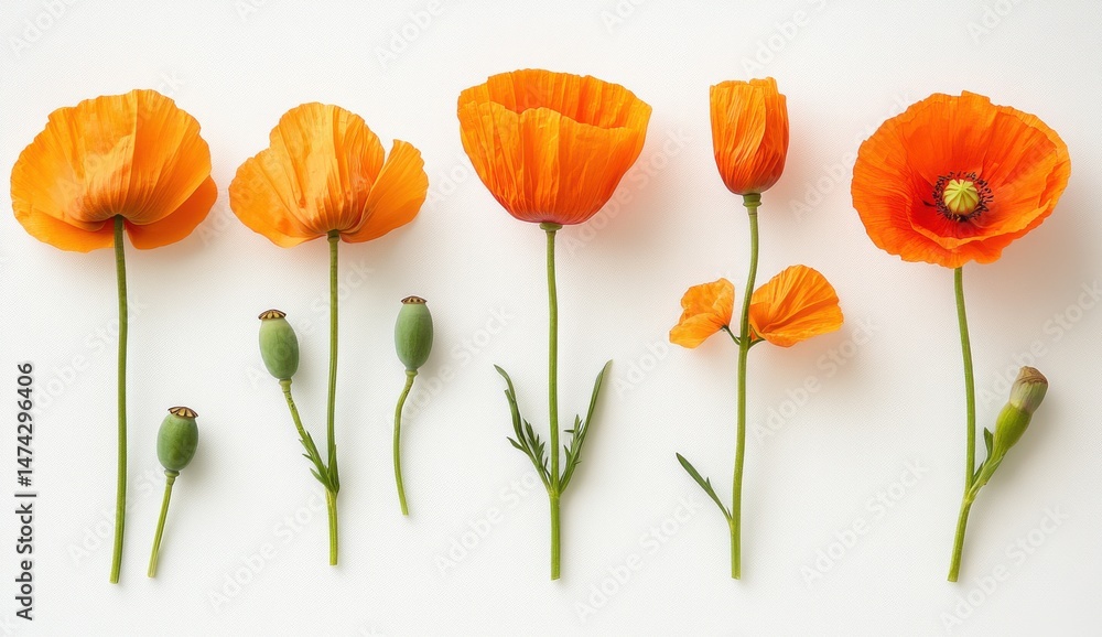 Obraz premium Orange Poppy Flower Life Cycle on White Background