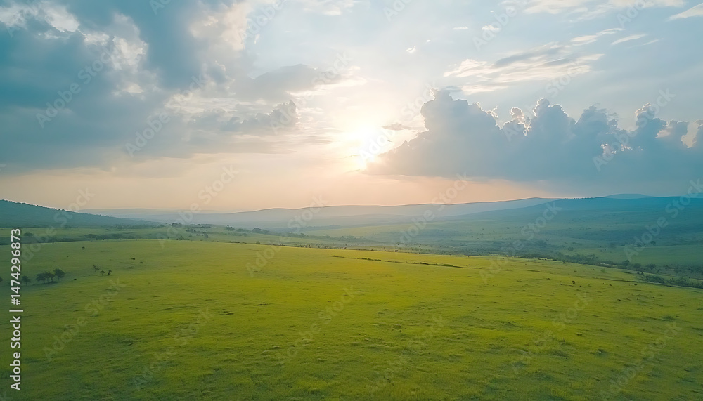 Obraz premium Sunset over African savanna grassland.