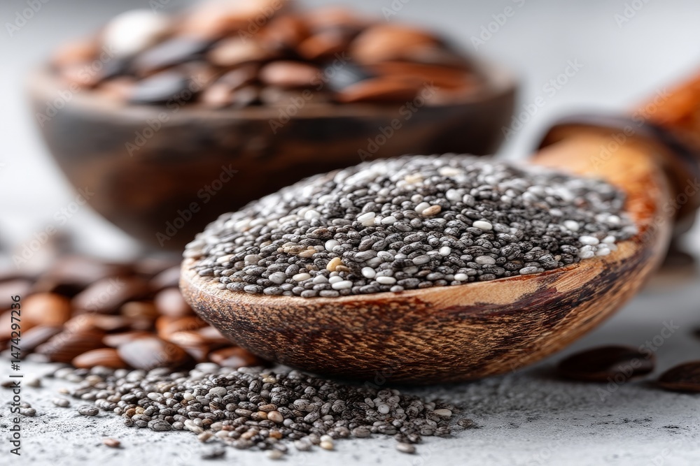 Chia seeds in a wooden spoon with bowls of mixed nuts on a kitchen countertop Chia seeds in a wooden spoon with bowls of mixed nuts on a kitchen countertop