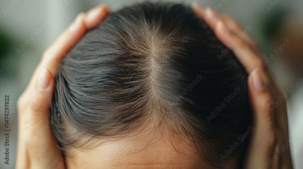 Fototapeta premium An individual with a receding hairline is holding back their thinning hair, showcasing early signs of male pattern baldness in a close-up view.