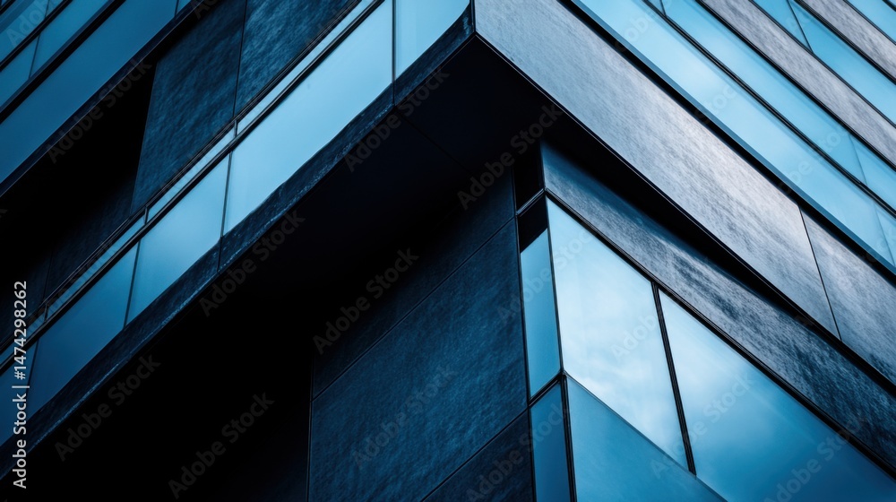 Obraz premium Modern architecture facade, blue glass windows reflect sky, angled perspective, urban building exterior, downtown location, contemporary design, geometric pattern
