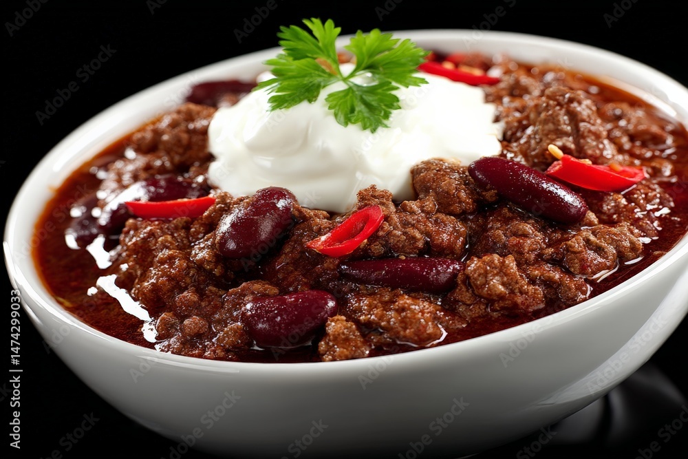 Spicy chili con carne topped with sour cream and garnish in a cozy kitchen setting Spicy chili con carne topped with sour cream and garnish in a cozy kitchen setting
