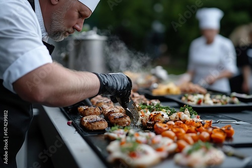 Culinary Artist Carefully Prepares Exquisite Cuisine, Skillfully Arranging Gourmet Delights