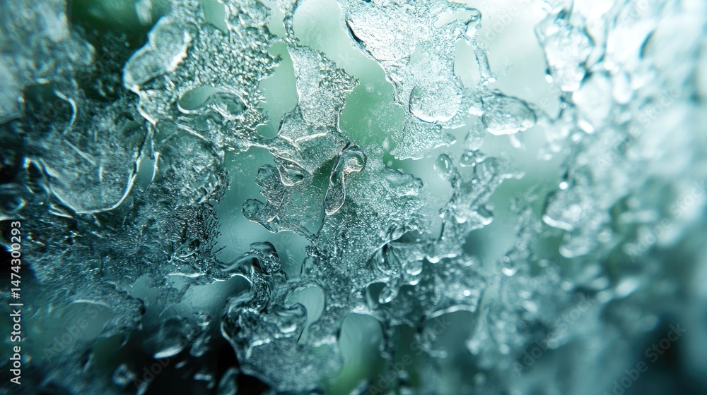 Naklejka premium Intricate ice patterns on a frost-covered surface, showcasing the beauty of natural ice formations and reflections