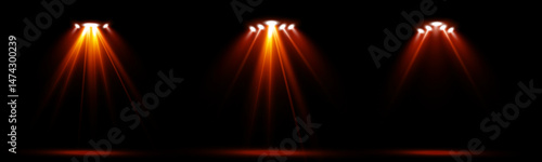 Various red spotlight beams isolated on black background. Set of bright red stage beams. Vector illustration