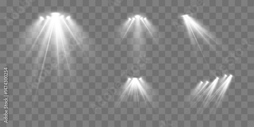 Vector Stage Lighting with Spot Beams – Spotlight Set for Podium or Scene, Bright Lamp Flash, Transparent Background, Light Glow Effect for Show, Event or Presentation Design