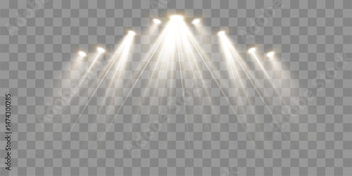 Spotlight Beam Effect on Transparent Background – Bright Abstract Club Stage Light for Concert and Party Design, Vector Illustration with Glowing Show Illumination Elements