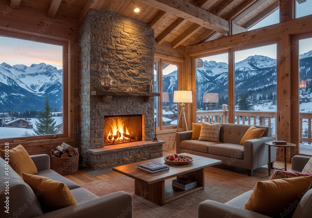 Cozy living room with stone fireplace and mountain view in winter Cozy living room with stone fireplace and mountain view in winter