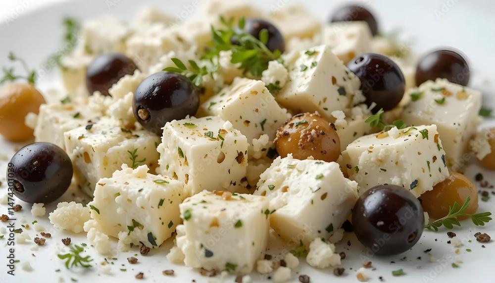 Photorealistic macro shot of feta cheese cubes with olives and herbs, crumbly texture, vibrant natural colors, white background Photorealistic macro shot of feta cheese cubes with olives and herbs, crumbly texture, vibrant natural colors, white background