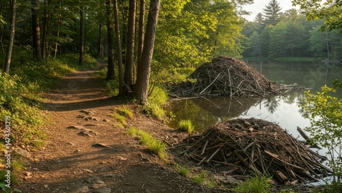 Fototapeta Naklejka Na Ścianę i Meble -  Beaver dams by a trail, forest and calm lake