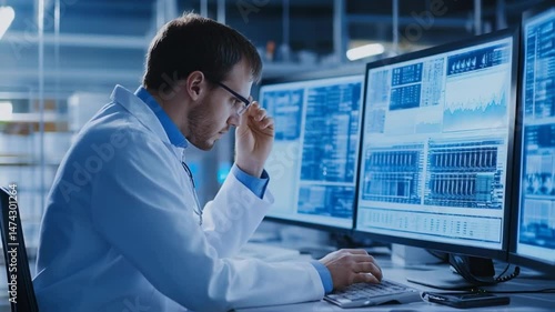 Wallpaper Mural Scientist analyzing data and medical research on multiple computer screens Torontodigital.ca