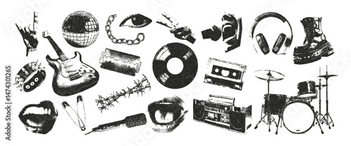 Trendy monochrome stipple music retro elements set. vinyl record, studded bracelet, boots, drums, tape recorder, mouth, eyes, disco ball, guitar. Retro photocopy vector compositions.