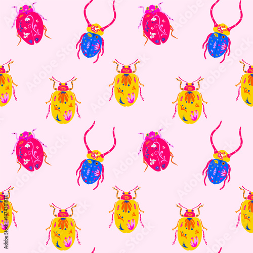 Seamless pattern with Mexican Alebrije Beetles in Folk Art Style