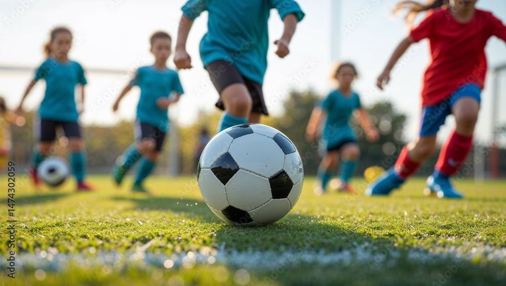 A group of young soccer players in action on a green grass field, kicking the ball during a game A group of young soccer players in action on a green grass field, kicking the ball during a game