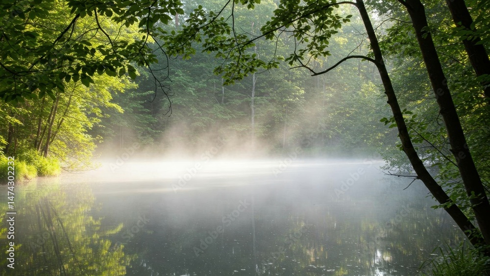 Misty lake at sunrise. Peaceful nature scene. Misty lake at sunrise. Peaceful nature scene.