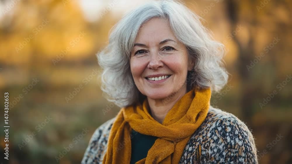 Smiling senior woman enjoying autumn weather in nature with yellow scarf Smiling senior woman enjoying autumn weather in nature with yellow scarf