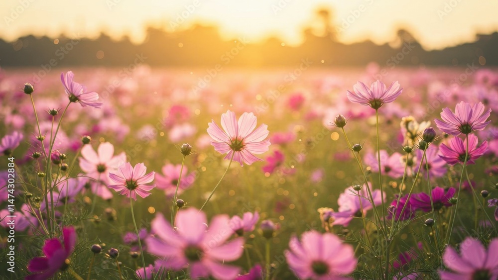 Fototapeta premium Field of pink cosmos flowers at sunset.