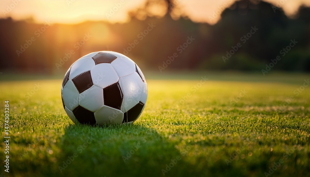 Fototapeta premium close up of a soccer ball resting on a green field with open space surrounding it for text overlay