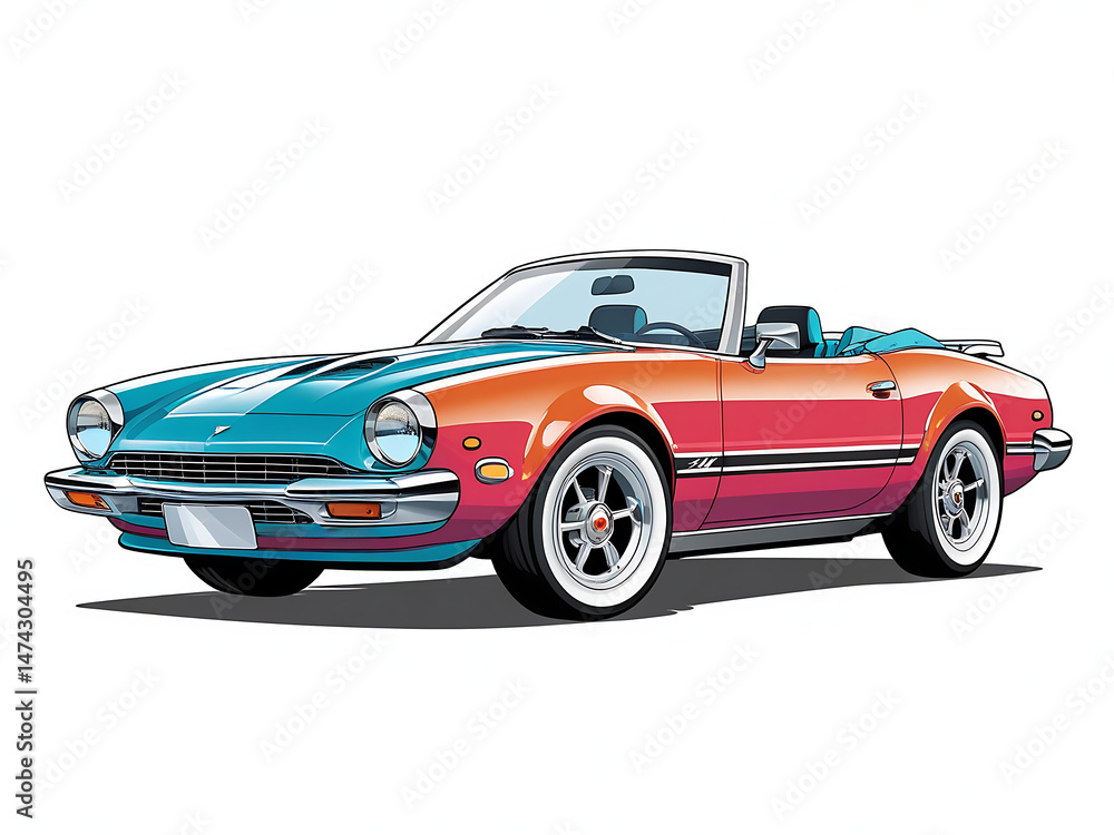 Naklejka premium Stylish Cartoon Convertible Car Vector Illustration - Vibrant Colors, Clean Lines, White Background.