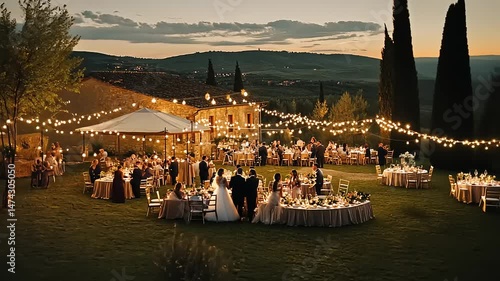 Elegant outdoor wedding reception at sunset in Tuscany, featuring guests dining and celebrating