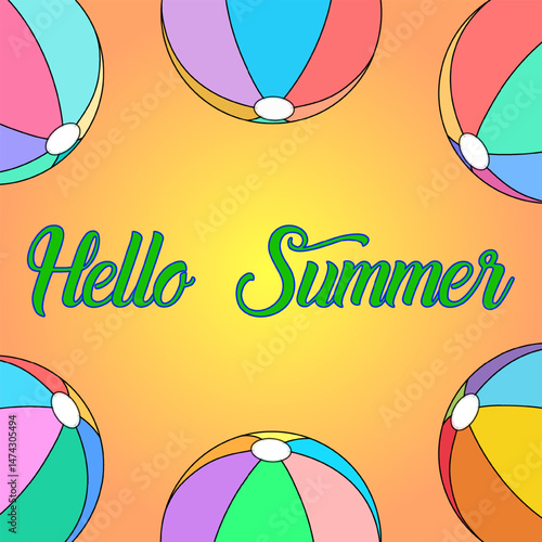 Cartoon vector greeting card illustration with beach balls frame scene on orange gradient background. Hello Summer inscription. Ideal for holiday and vacation banner, or summertime activity design.