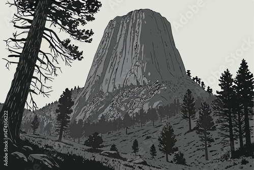 21 photorealistic detailed dramatic landscape, towering rock formation, rugged terrain, dense pine forests, moody lighting, ultra-detailed textures, dramatic shadows, cinematic composition, epic scale