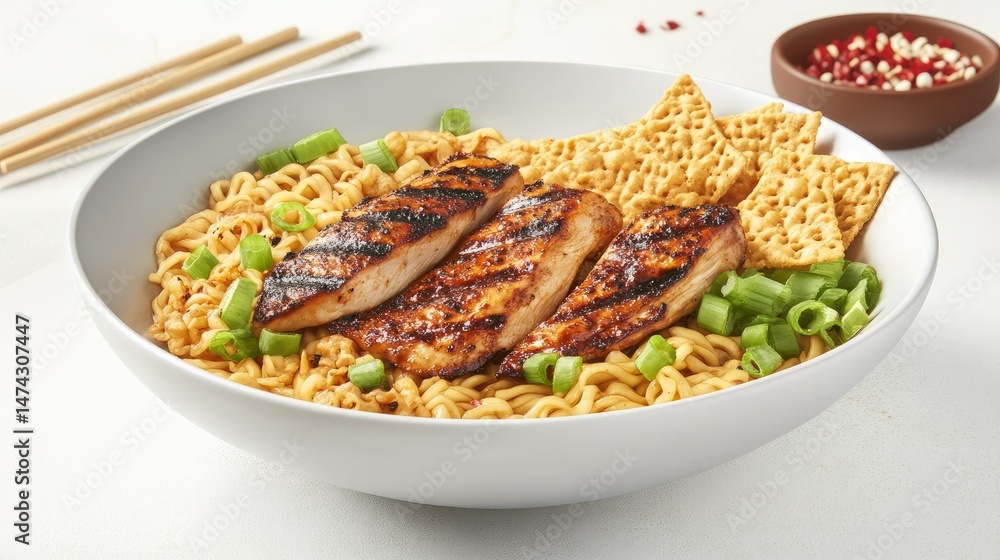 Grilled chicken over noodles with crispy crackers Grilled chicken over noodles with crispy crackers