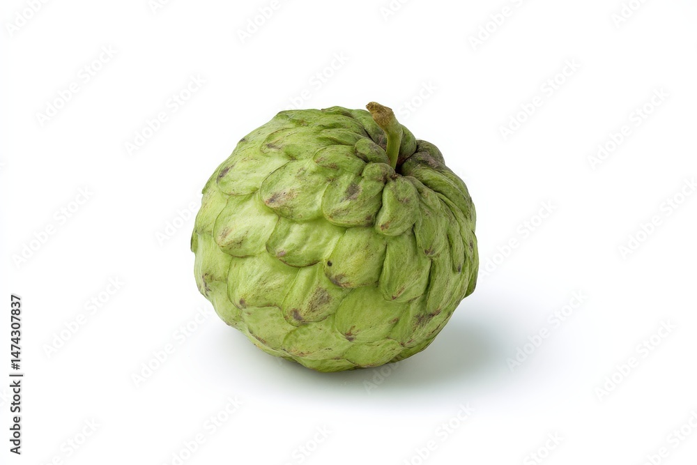 Fototapeta premium A single cherimoya fruit, green and textured, sits against a bright white background.