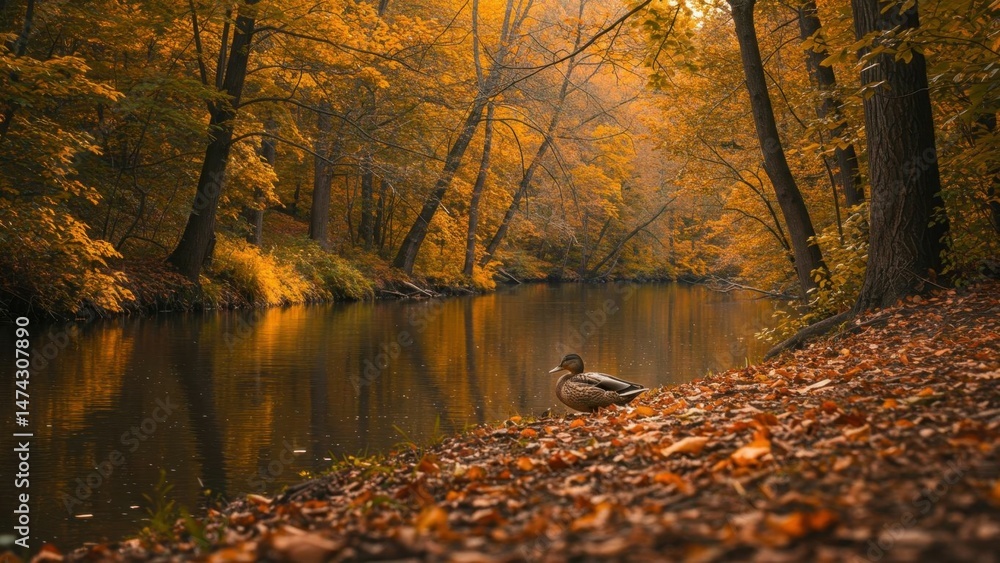 Obraz premium Autumn landscape scene with a duck on the riverbank
