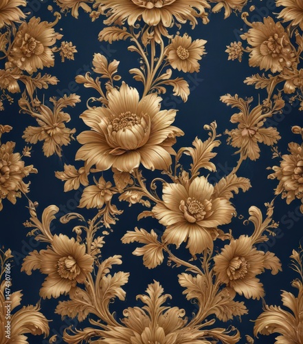 Intricate gold floral pattern on deep blue royal wallpaper, seamless design,  repeat,  royal, seamless