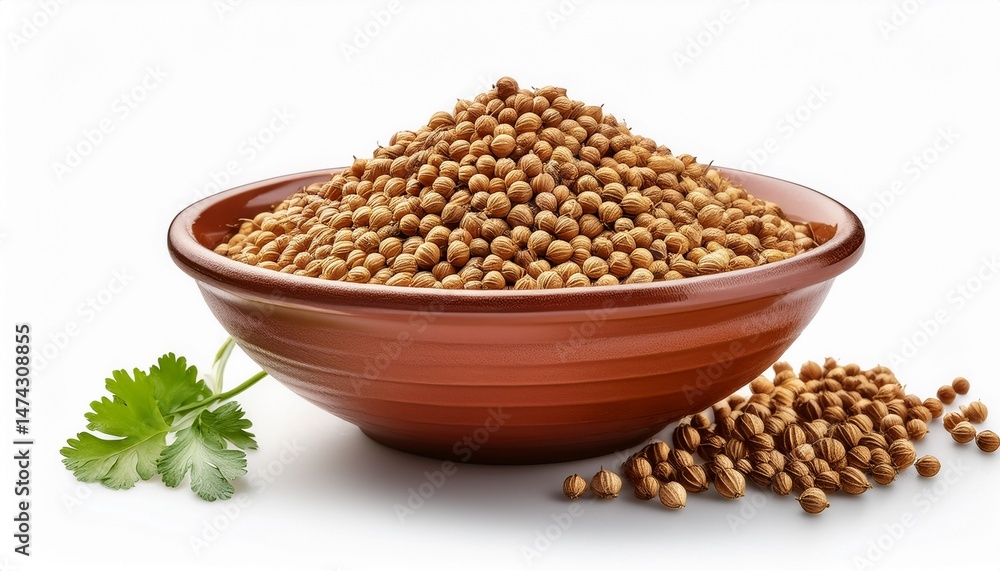 coriander seeds in a clay bowl isolated on white background coriander seeds in a clay bowl isolated on white background