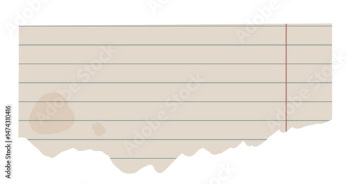 Torn vintage paper from notebook with lines pattern and old dirty stain