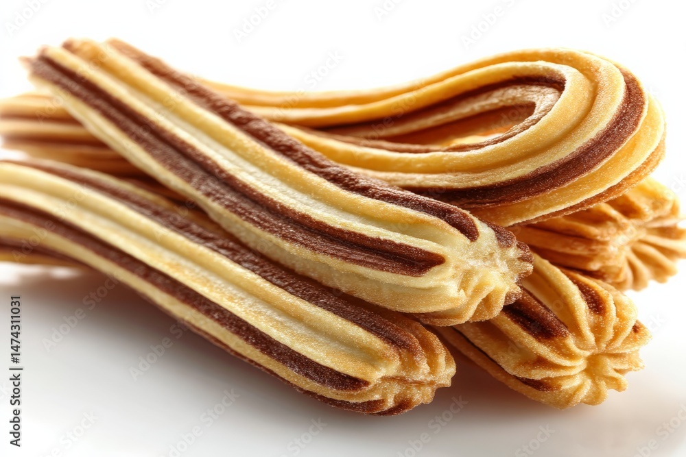 Delicious homemade churros with a swirl of chocolate and vanilla flavors arranged on a white plate Delicious homemade churros with a swirl of chocolate and vanilla flavors arranged on a white plate