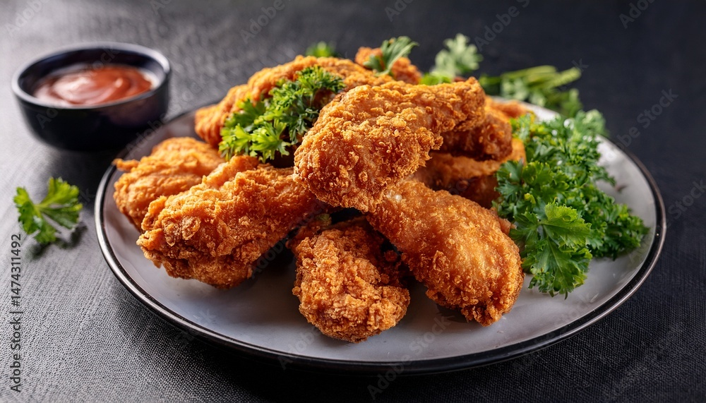 crispy fried chicken pieces served on a plate with fresh herbs and a side of dipping sauce perfect for a delicious meal crispy fried chicken pieces served on a plate with fresh herbs and a side of dipping sauce perfect for a delicious meal