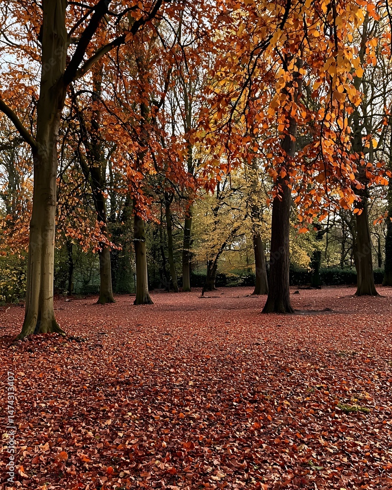 Naklejka premium Autumn Park Landscape with Vibrant Red and Orange Foliage and Leaf-Covered Ground