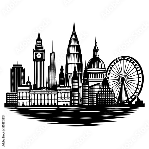 A bold black and white silhouette of a modern city skyline featuring iconic landmarks such as a clock tower and observation wheel.