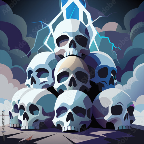 Ominous Skull Mountain under Stormy Sky with Glowing Crystal.