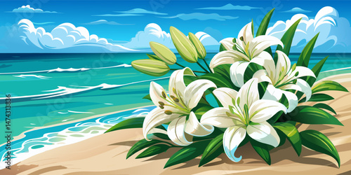 Beautiful white lilies blooming on a serene beach with turquoise waves.