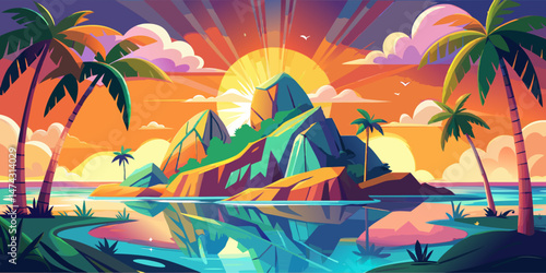 Tropical Paradise with Sunrise over the Mountains and Palm Trees.
