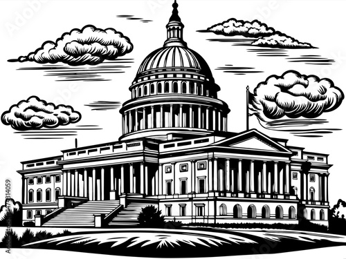 Black and White Illustration of the Capitol Building with Clouds.