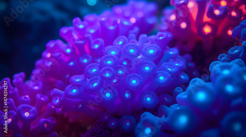 A captivating close-up of vibrant purple coral polyps with striking blue fluorescent centers, illuminated in an aquarium setting.