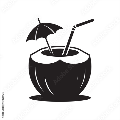 Coconut drink silhouette with straw and umbrella icon for tropical beach summer vacation clipart.